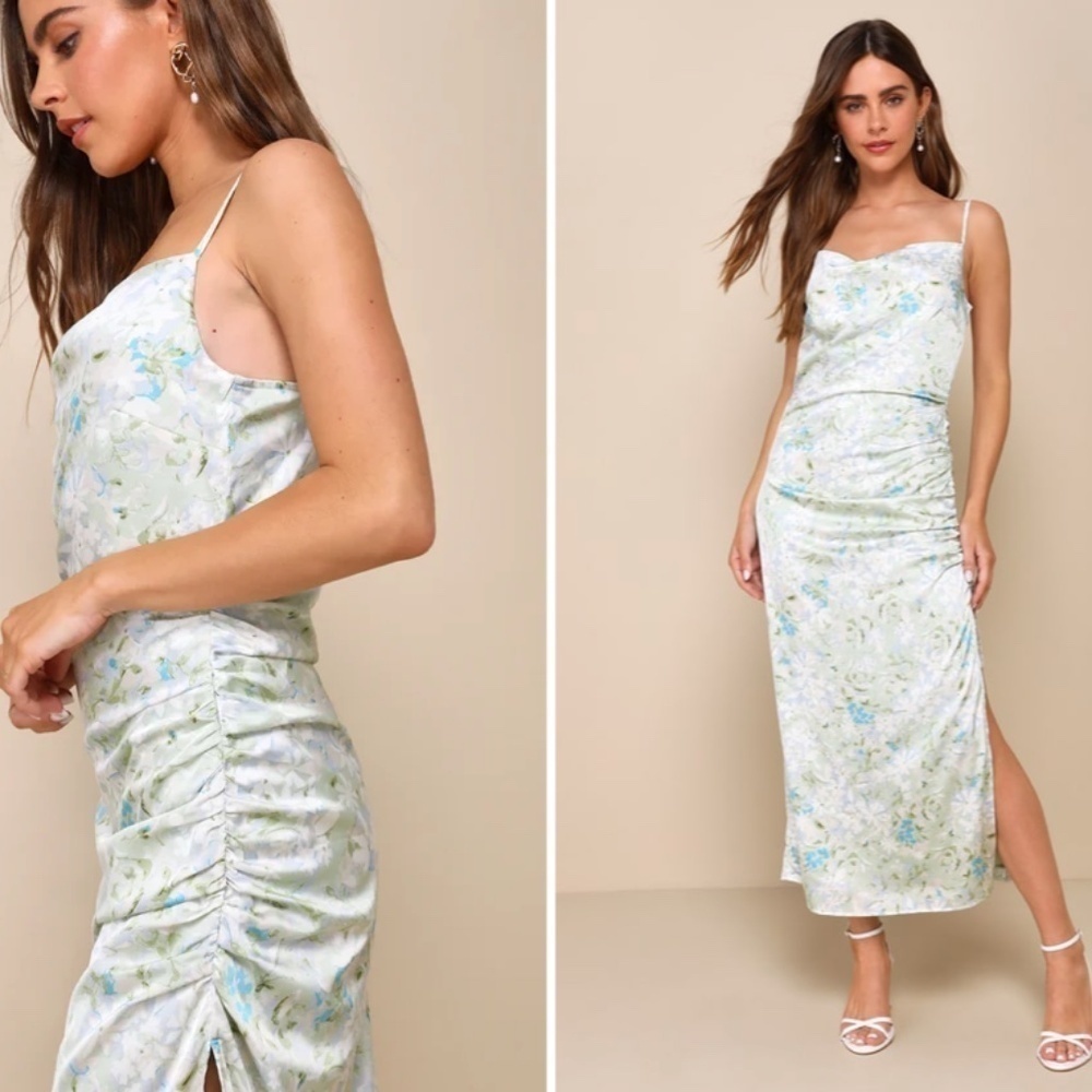LULUS Floral Sexy Chic Satin Wedding Formal Event Floral Slip Midi Dress
